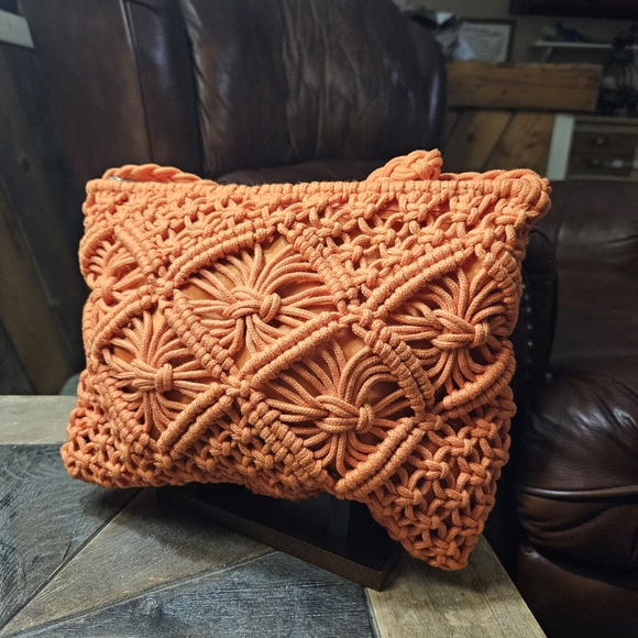 Sunset Orange Knit Macrame Purse Coastal Boho Chic Tassel Crossbody Purse - Picture 2 of 6